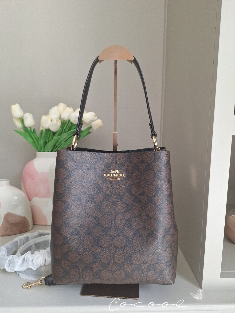 NWT！COACH MEDIUM TOWN BUCKET BAG IN SIGNATURE CANVAS 91512 IM/BROWN BLACK